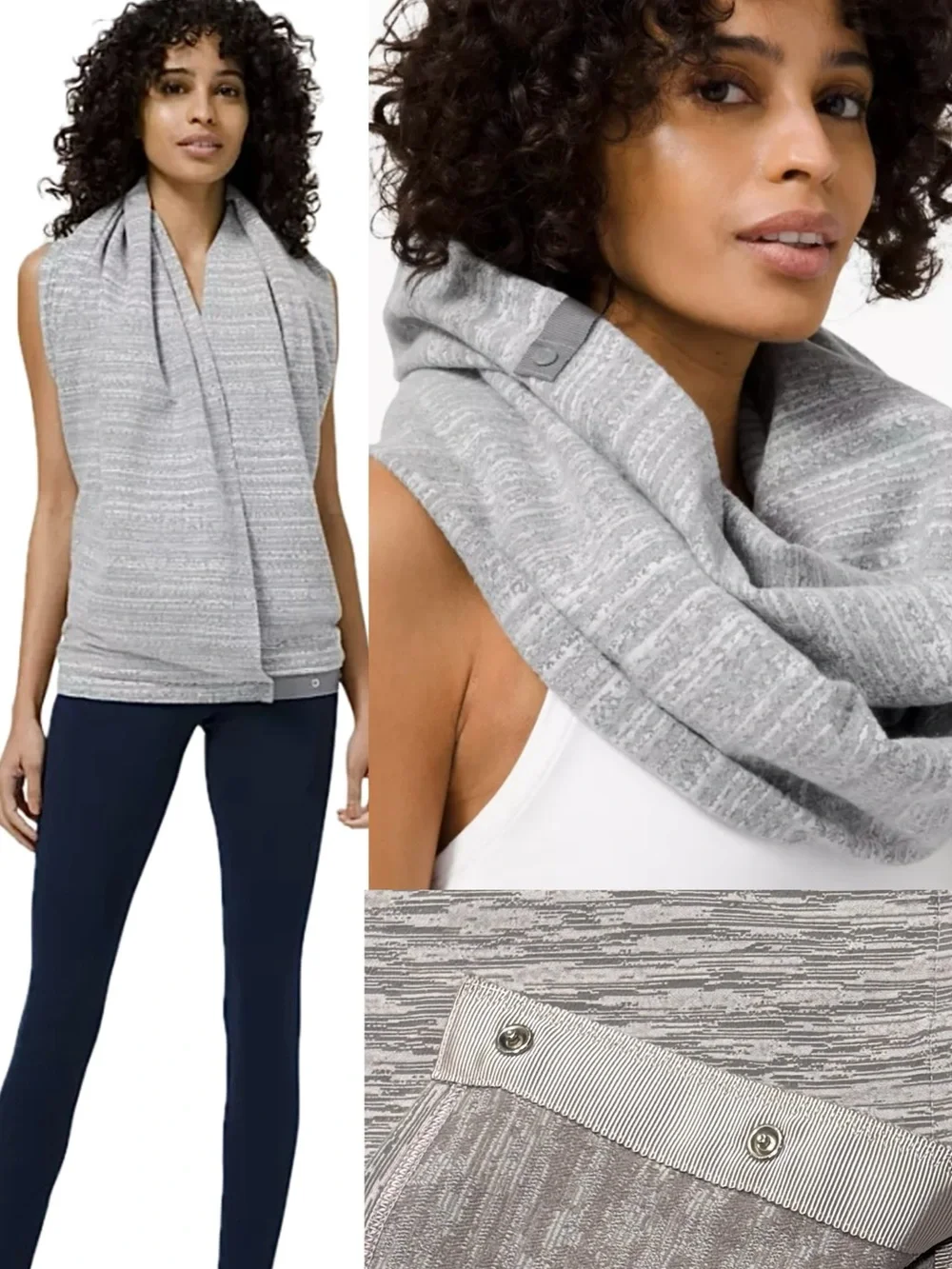 Lululemon Womens Vinyasa Scarf Snap Closure Reversible Wrap Cover Up Gray Marl
